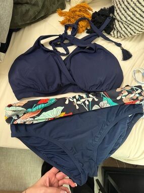 Ellen Tracy Navy Bikini with Floral-Print Waistband